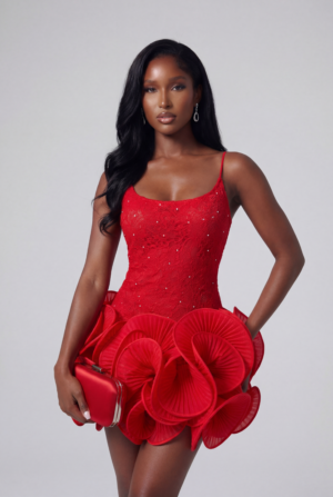 'VALENTINA' CRYSTAL BODICE SCULPTURAL PETAL SKIRT DRESS - SCARLET RED