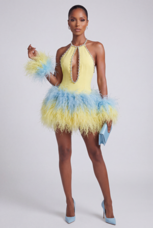 LISA CRYSTAL HALTER OSTRICH FEATHER DRESS - CITRON