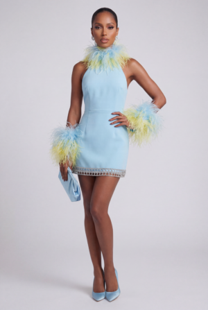 LISA CRYSTAL HALTER OSTRICH FEATHER DRESS AZURE SKY