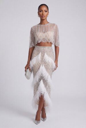 VIVIENNE CRYSTAL EMBELLISHED BEADED OSTRICH FEATHER CO-ORD - IVORY