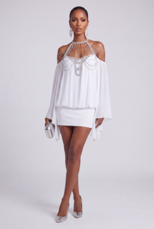 CELESTE CRYSTAL DRAPE HARNESS CHIFFON MINI DRESS – WHITE